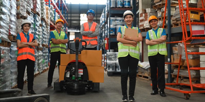 Warehouse employees posing with a forklift